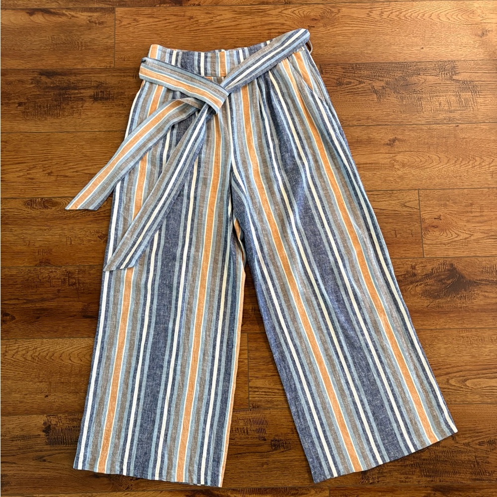 Current Air Linen Blend Striped Wide Leg Pants Tie Waist Size L